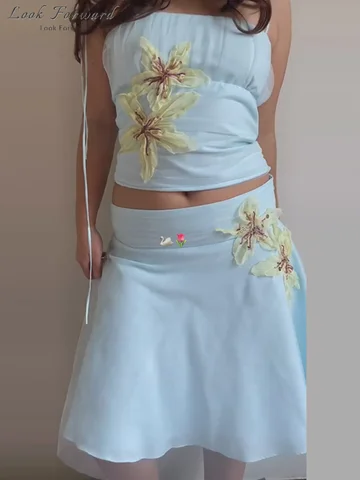 Женский летний комплект топ и юбка  Floral Mesh