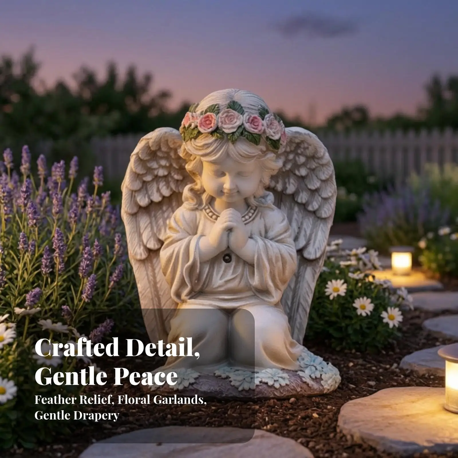 Kneeling Angel Figurine with Floral Crown Resin Garden Statue for Outdoor Courtyard Patio Decoration