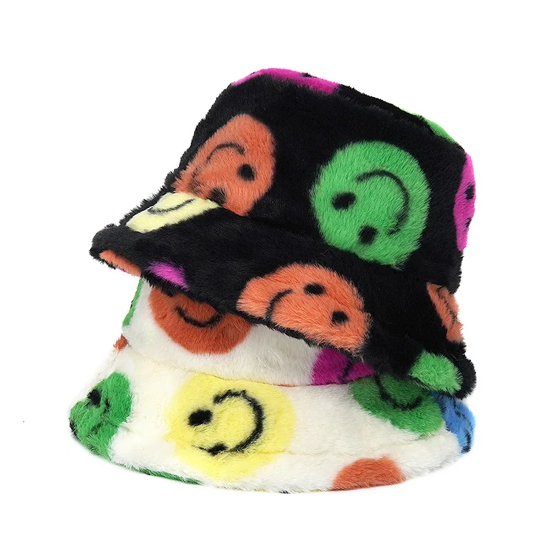 Smiling Face Printed Winter Thickened Fluffy Fur Bucket Hats Men Women Panama Hat Warm Fisherman Cap Autumn Outdoor Rabbit Hair