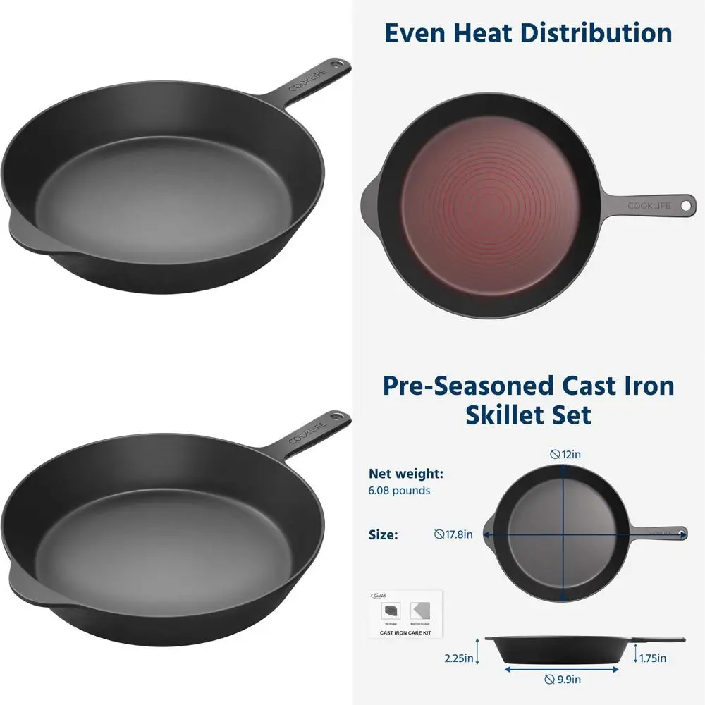 

Легкая чугунная сковорода 12 дюймов – предварительно обработанная, полированная, легко моется, универсальное применение