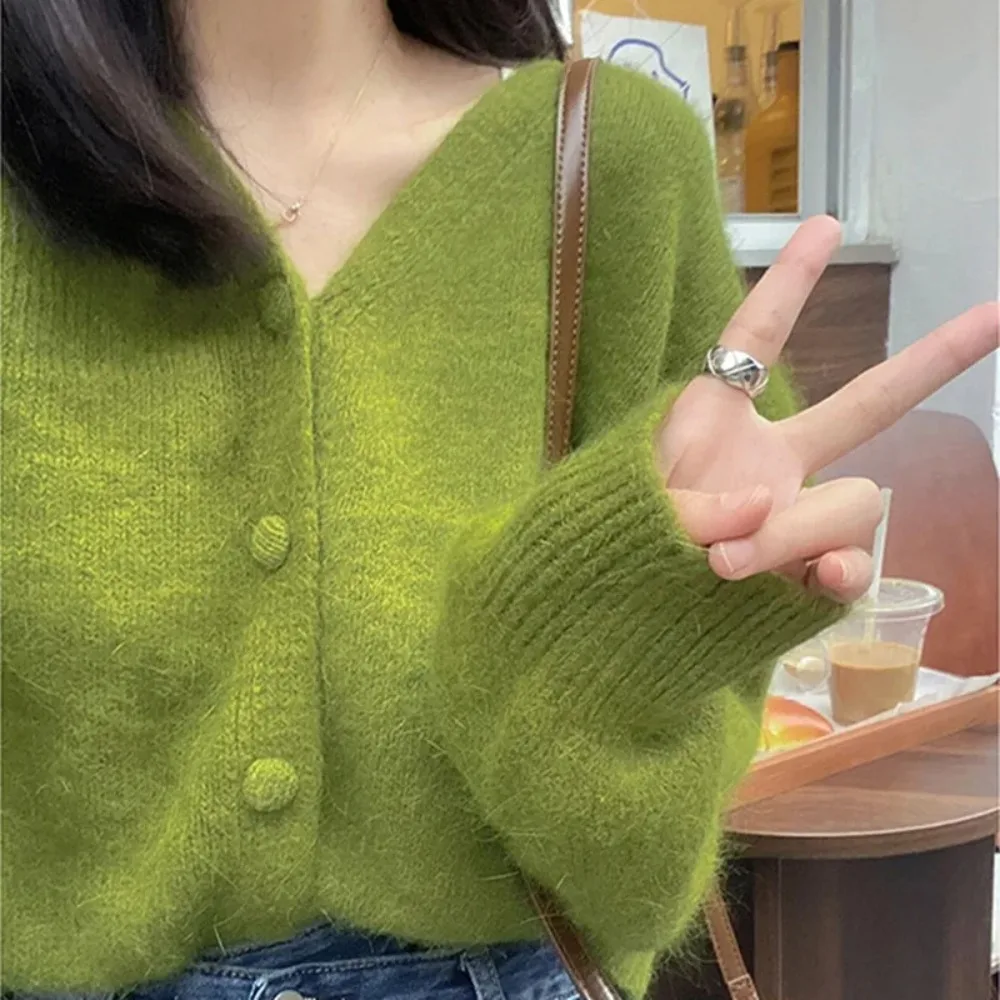 Autumn Fashion Lazy V-neck Cardigan Women\'s Green Long-sleeved Single-breasted Sweater Casual Knitwear