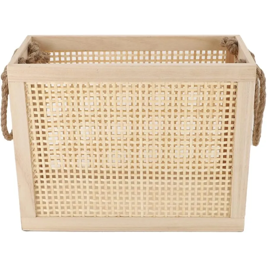 Wooden Storage Basket with Jute Rope Handles Stair Basket Magazine Basket Large Wicker Baskets for storage Home Organizing Laun