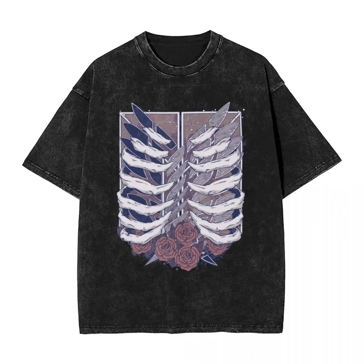 Attack on Giant Rose Feather Dark Feng Shui Washed Old T-shirt for Men and Women Loose Trendy Anime Printed Short Sleeve