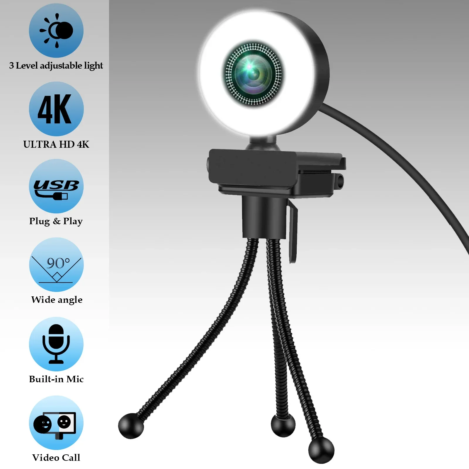 Webcam HD 4K/2K/1080P con microfono Webcamera LED con messa a fuoco automatica 3 livelli di luce Kameras per computer Webcam di registrazione video