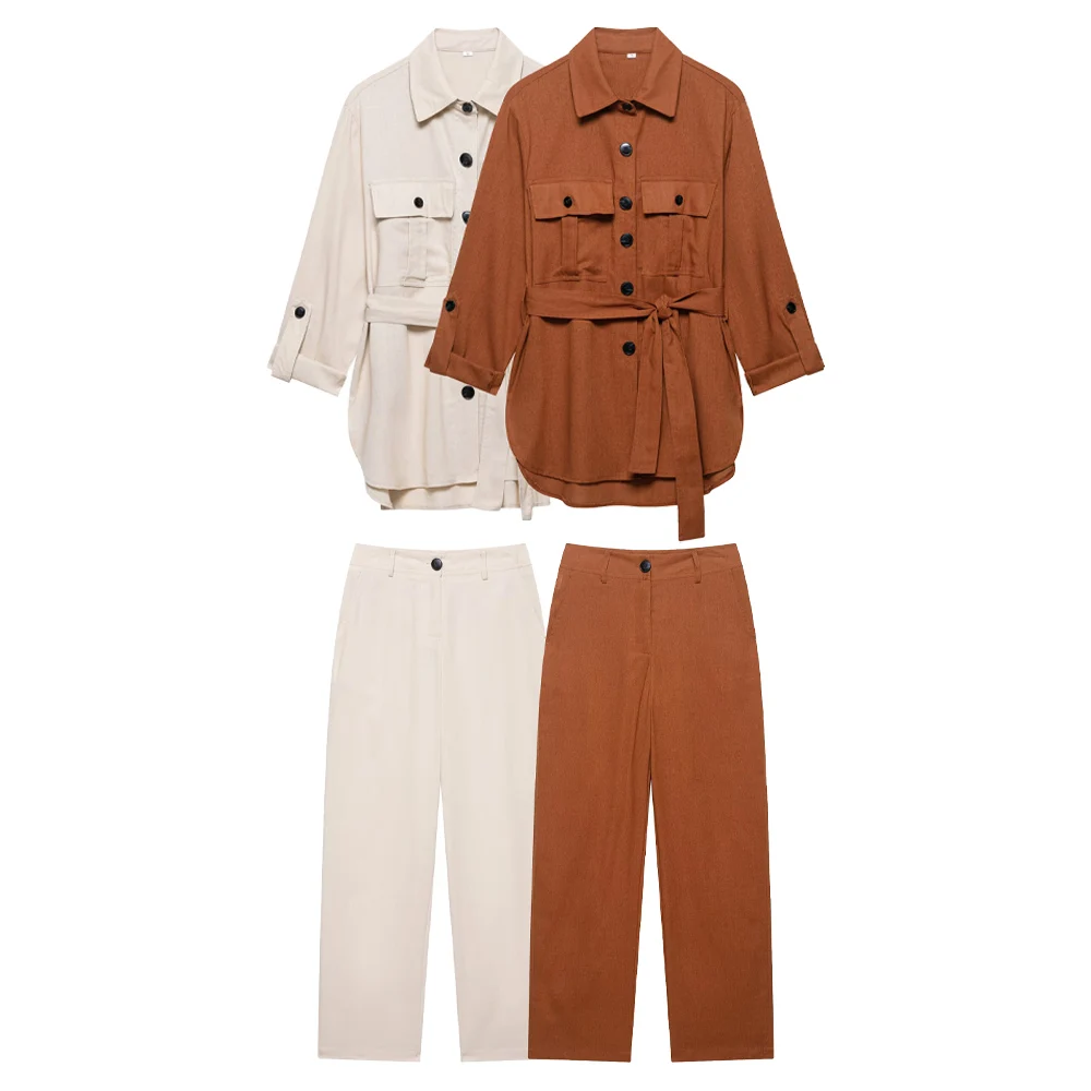 

Свободная рубашка с длинными рукавами и лацканами в европейском и американском стиле, новые летние женские повседневные прямые брюки с высокой талией