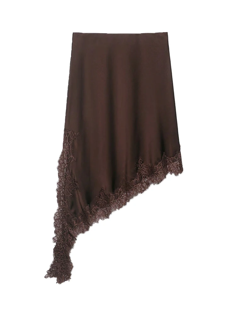 Women's High Waist Asymmetric Lace Skirt with Side Zipper Fashion Female Skirt Elegant Stain Design Mujer