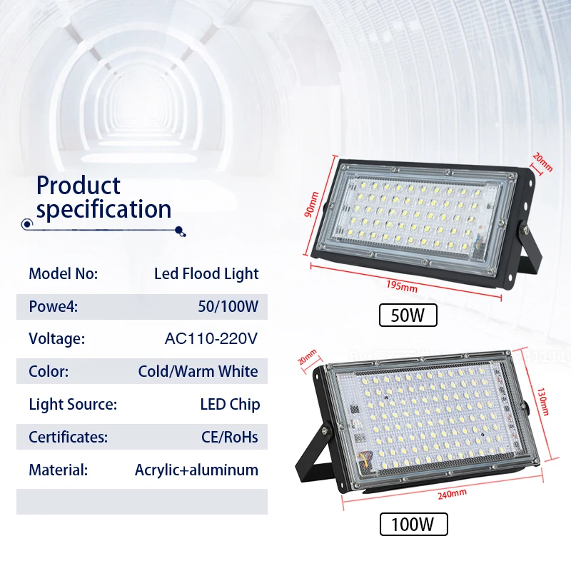 야외 LED 투광 조명 스포트라이트, IP65 방수 LED 가로등, 조경 조명, 50W, 100W, AC 110V, 220V, 로트당 2 개