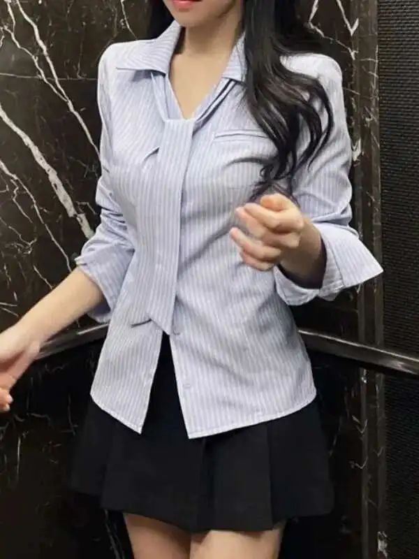

Autumn/Winter Korean Version New Lapel Lace Up Single Breasted Long Sleeve Cinching Waist Slim Casual Striped Shirt 4OR5