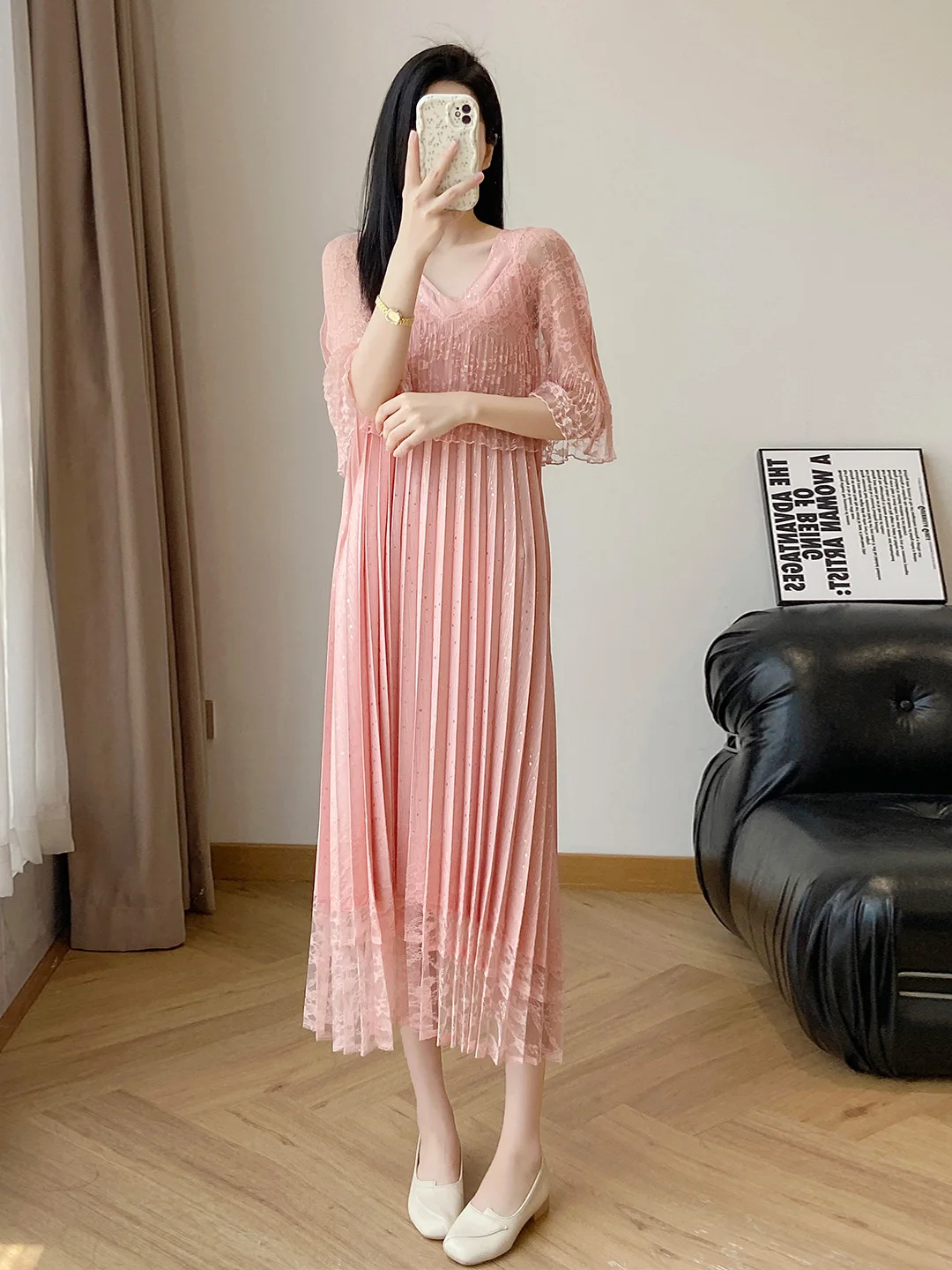 

Summer New Style Three-dimensional Pleated Lace Dress Elegant Loose plus Size Slimming Illusory Two-piece Trendy A-line Skirt