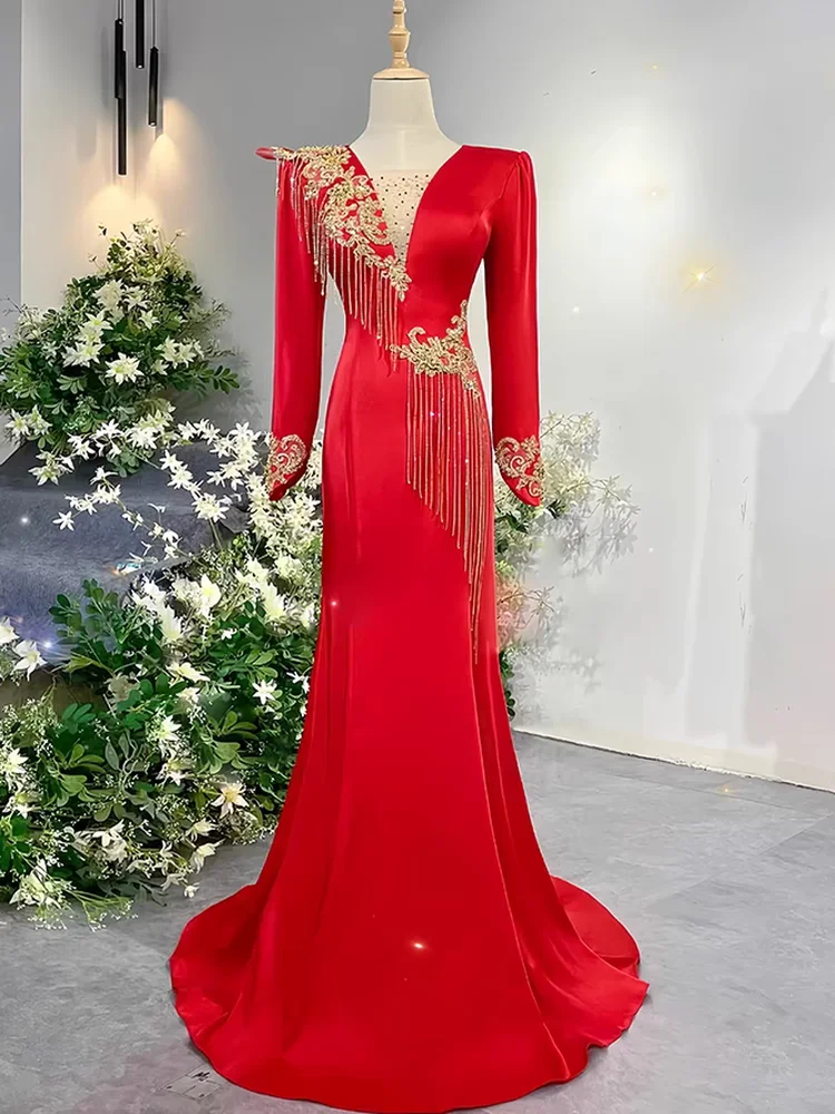 

Ele Evening Gown Wedding Host Fem MC Stage Performance Costume Floor-Length Long Sve Diamond Decorated Gown