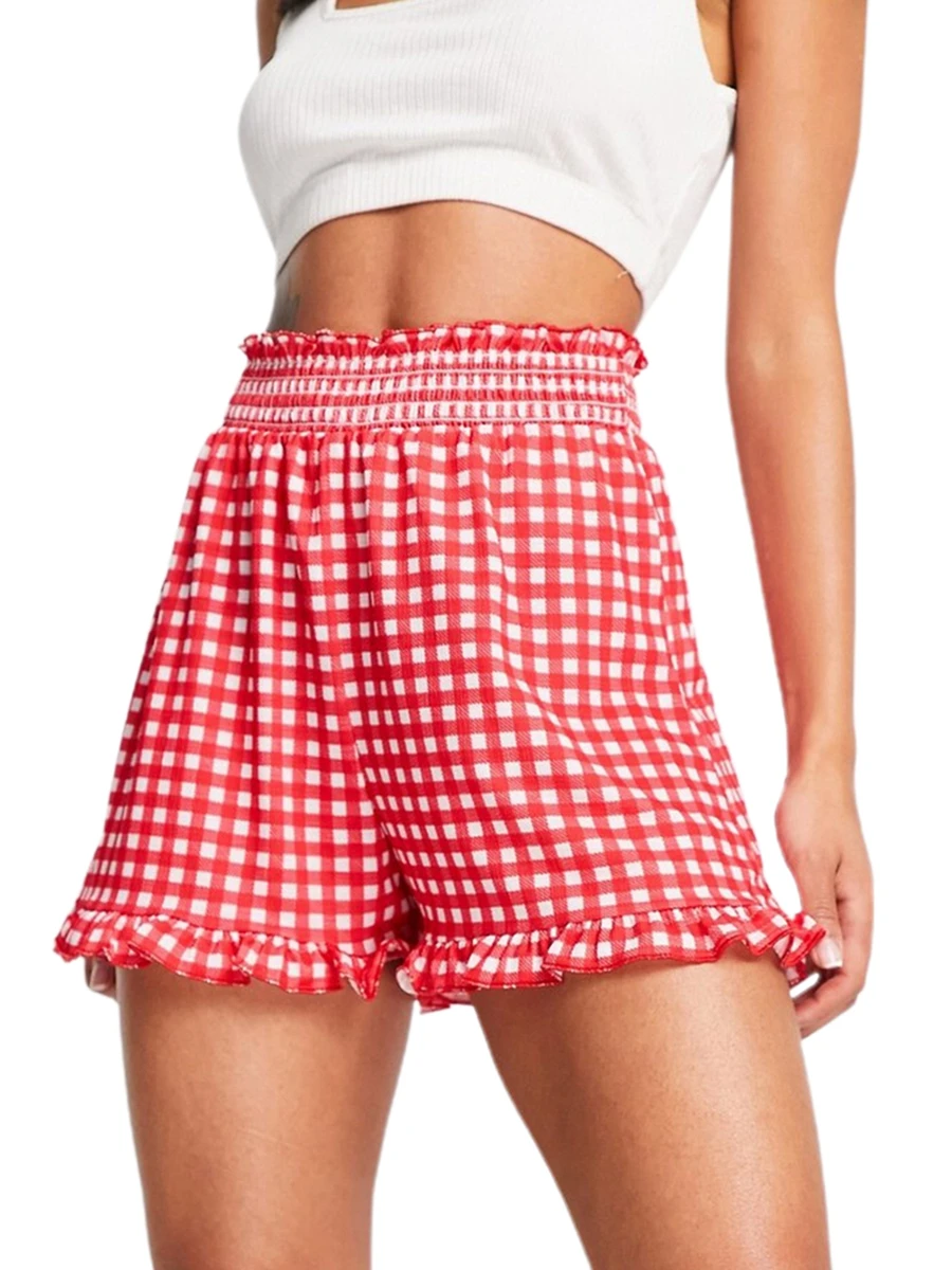Shorts boxer plissados para mulheres, guingão xadrez estampado, pijama lounge, listrado bonito e quadriculado, fundo do sono, Y2K