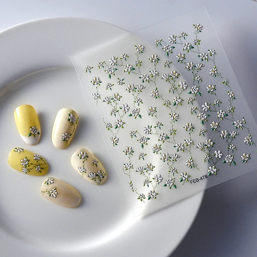 화이트 재스민 네일 스티커 진주 5D 엠보싱 자체 접착 네일 아트 스티커, 장미 꽃, 복숭아 꽃, 절묘한 네일 아트 데칼