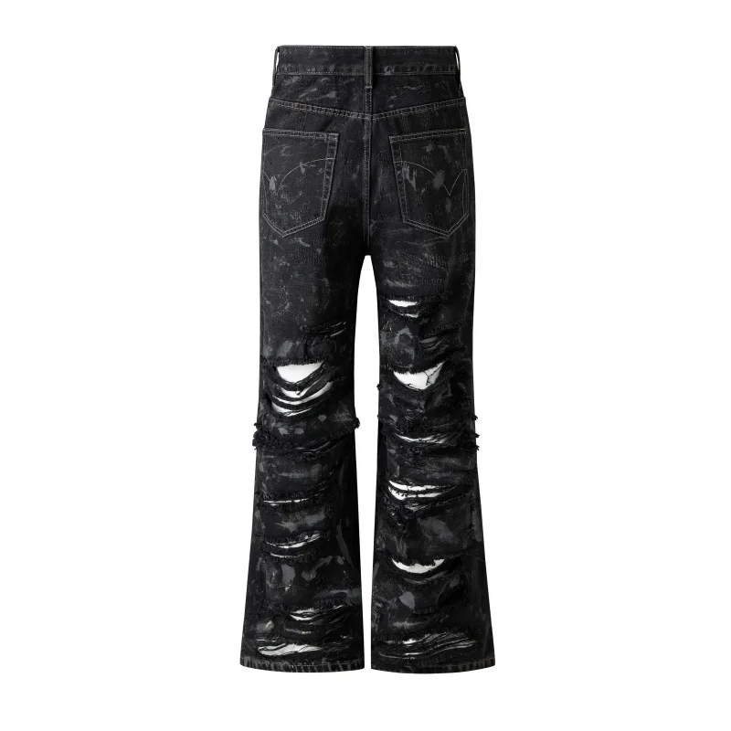 American High Street Mud Worn and Torn Big Damage Graffiti Jeans Men's Fashion Brand Bell-Bottoms Wide-Leg2024New Men's Clothing