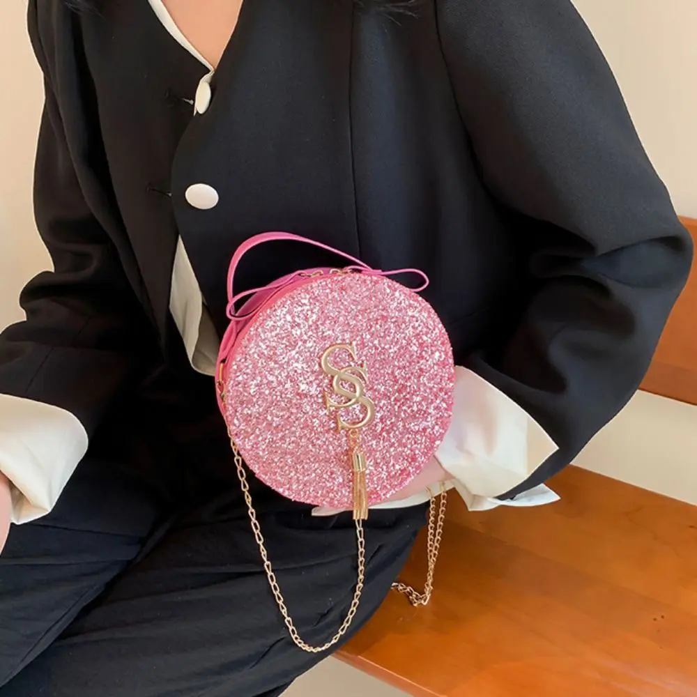 

Retro Shiny Evening Banquet Bag Chain Sequin Glitter Shoulder Bag Tassel Handbag Mini Round Bag Wedding