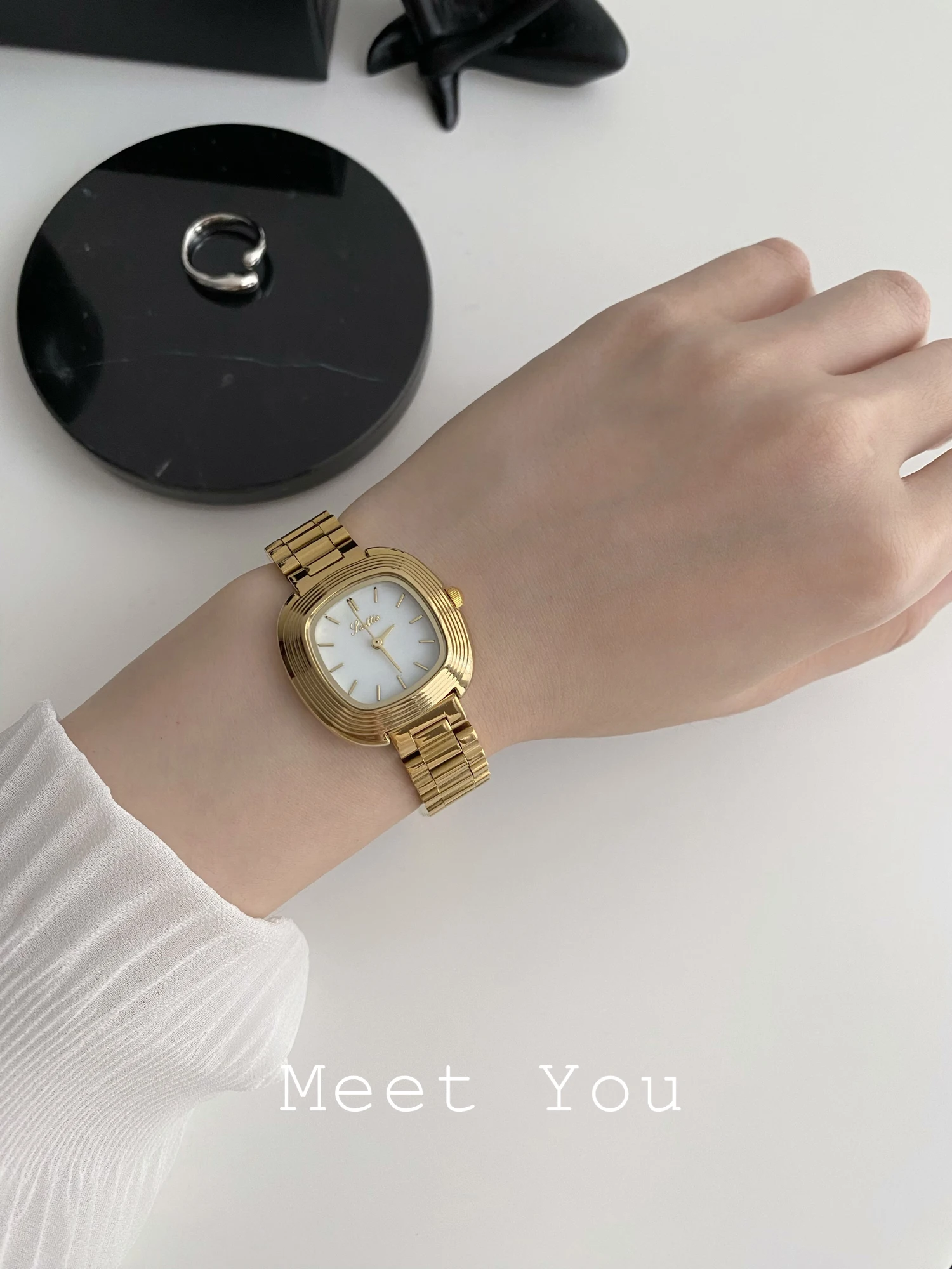 Square dial, minimalist design, understated luxury, sophisticated quartz watch, unique timepiece, a beautiful gift for women.