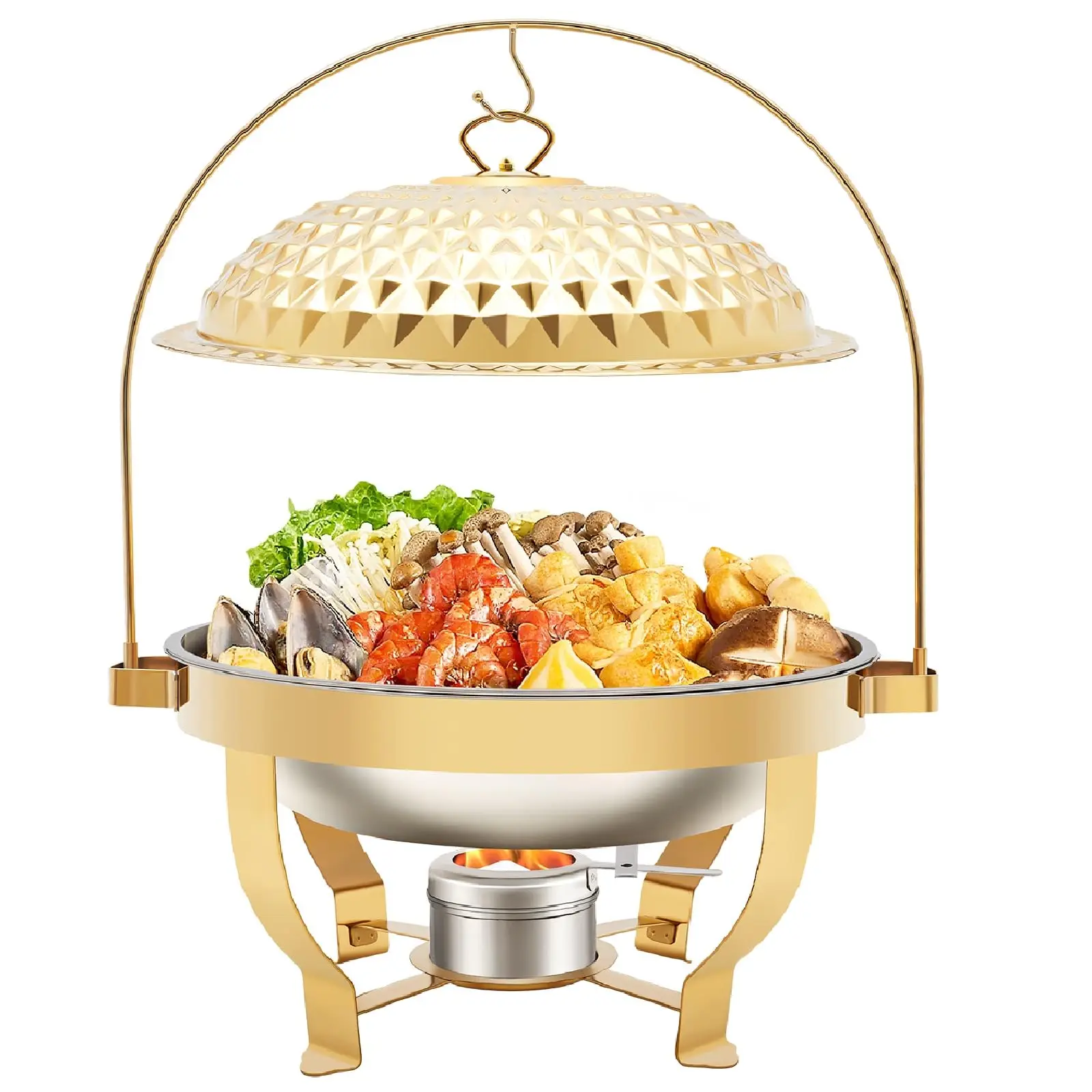 

Gold Round Chafing Dishes for Buffet, 8.5Qt /8L Stainless Steel Buffet Chafer, Hanging Lid Dining Stove, Buffet Server and Warme
