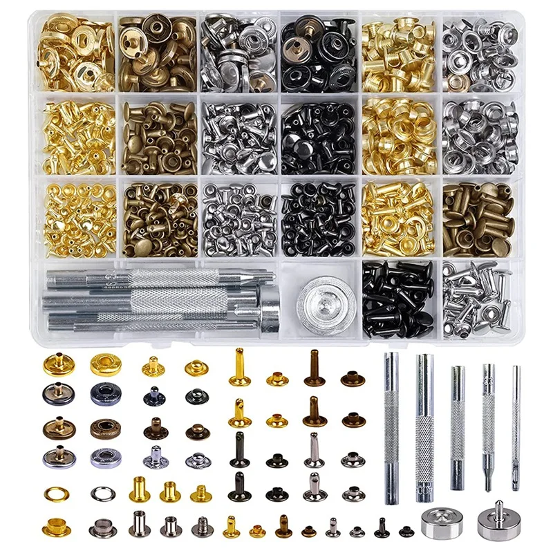 Snaps And Fasteners Kit, 200Sets Rivets, 140 Eyelets And Grommets, 40 Snap Buttons, 20Screws, Setting Tool For Leather