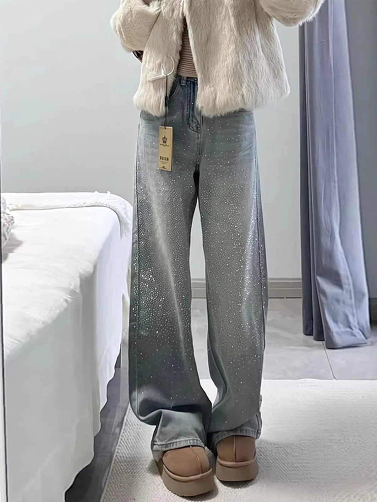 

Retro High Waist Wide Leg Jeans Women's Winter Thiened Fce Blue Knife Diamond Studded Denim Pants Ladies Faion