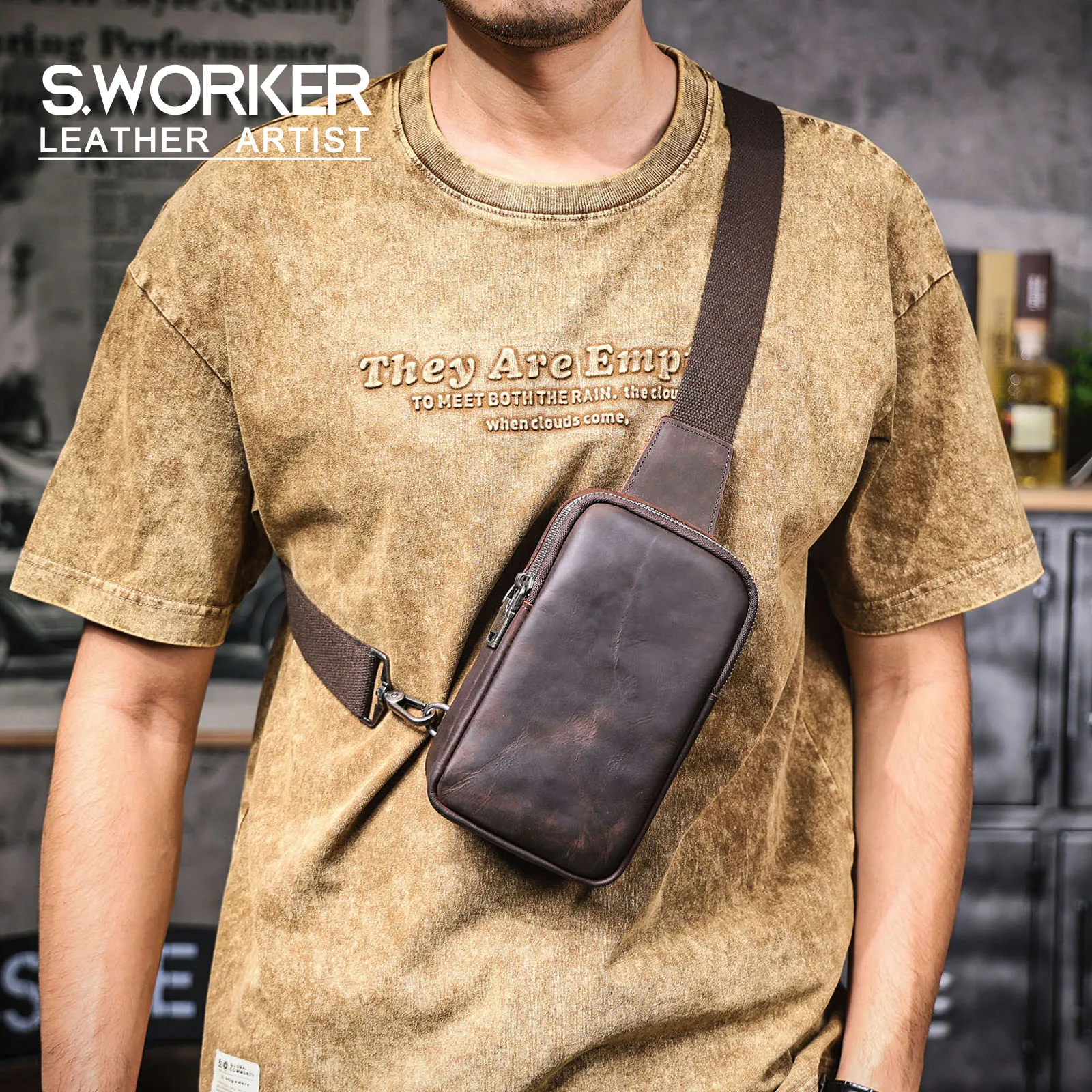Premium-Brusttasche aus echtem Leder für Herren, Vintage-Umhängetasche aus Vollnarbenleder, Umhängetasche, Sling Bag, Tagesrucksack mit großem Fassungsvermögen – Detail 2