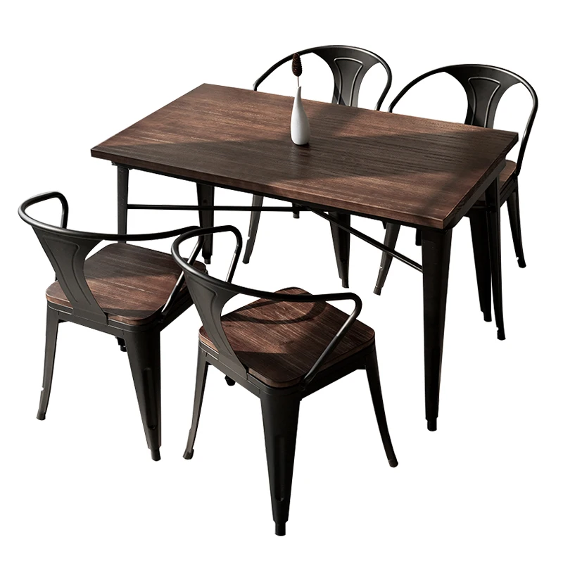 Industrial Fast Food Coffee Shop Metal And  Wood Sets Restaurants dinning table set for 4