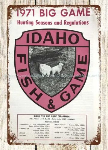 1971 IDAHO BIG GAME HUNTING SEASONS AND REGULATIONS metal tin sign wall art