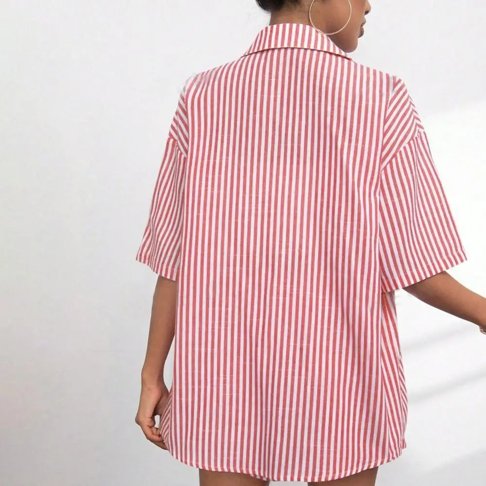 

Women Stripe Cotton Shorts Two Piece Set Solid Long Sleeve Shirts Pants 2 Piece Sets Simple Style Lady Suit Spring Summer 2025