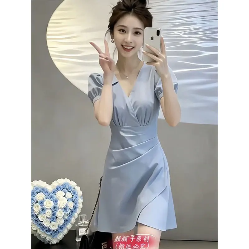 Women Clothes Summer Korean Fashion Office Lady Simplicity Elegant Solid Color V-neck Female All-match Fashionable Casual Dresse