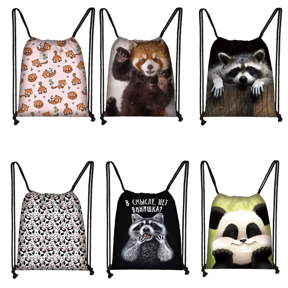 Cute Animal Raccoon Red Panda Drawstring Bag Women Backpack Teenager Rucksack Girls Shoulder Storage Bag for Travel Shoes Holder