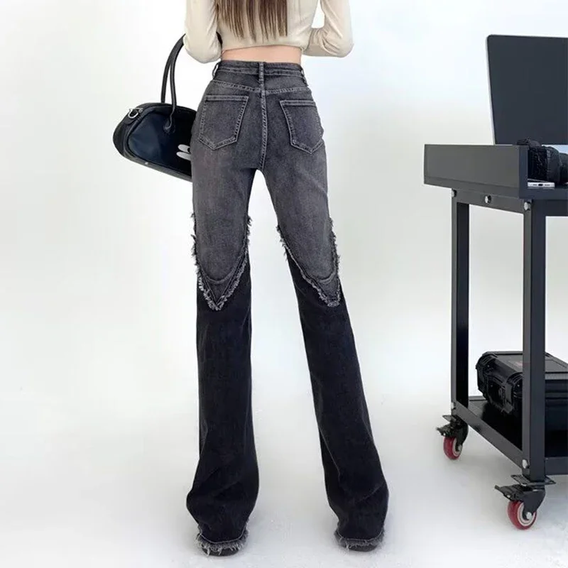 Lady Korean Retro High Waisted Jeans Pants Female Black Straight Leg Denim Pants Women Classic Thin Jeans Trousers