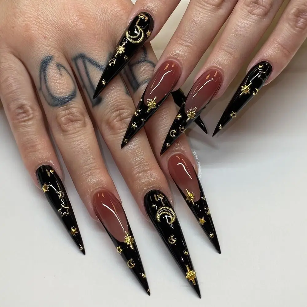 New Long Stiletto False Nails Moon Stars French Nail Tips Detachable Full Cover Press on Nails Women Girls
