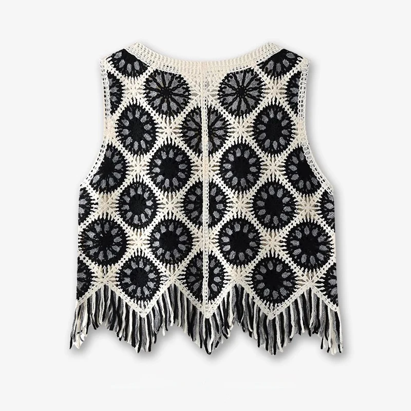 Granny Square Crochet Vest Top Button-up Sleeveless Sheer Open-knit Crop Waistcoat for Women Teen-girl Vacation Beach Outfit