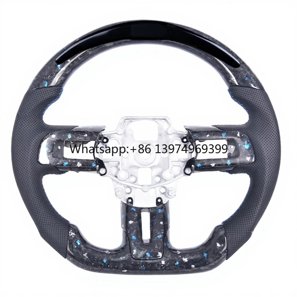 For Mustang 2015-2023 Custom Blue Forged Carbon Steering Wheel with Perforated Leather Grip