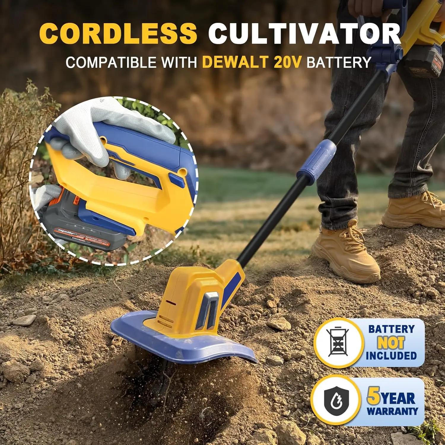 

Cordless Tiller Cultivator Compatible with 20V Battery(Tool Only), Electric Garden Tiller w/270 RPM