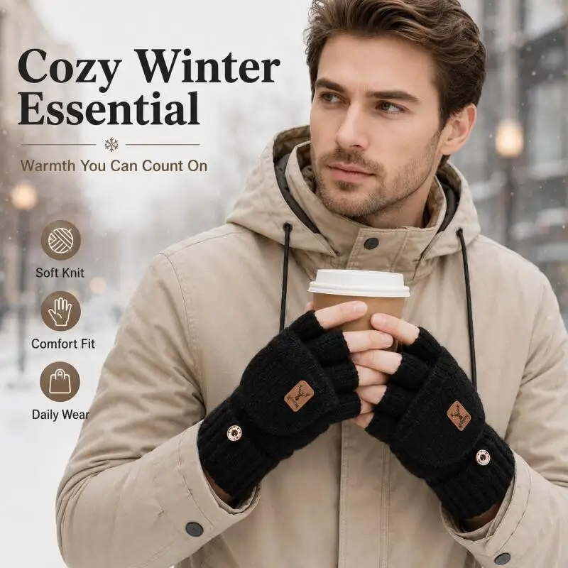 Winter Knitted Flip-Top Gloves, Convertible Fingerless Mittens, Soft Warm Gloves for Writing & Daily Wear