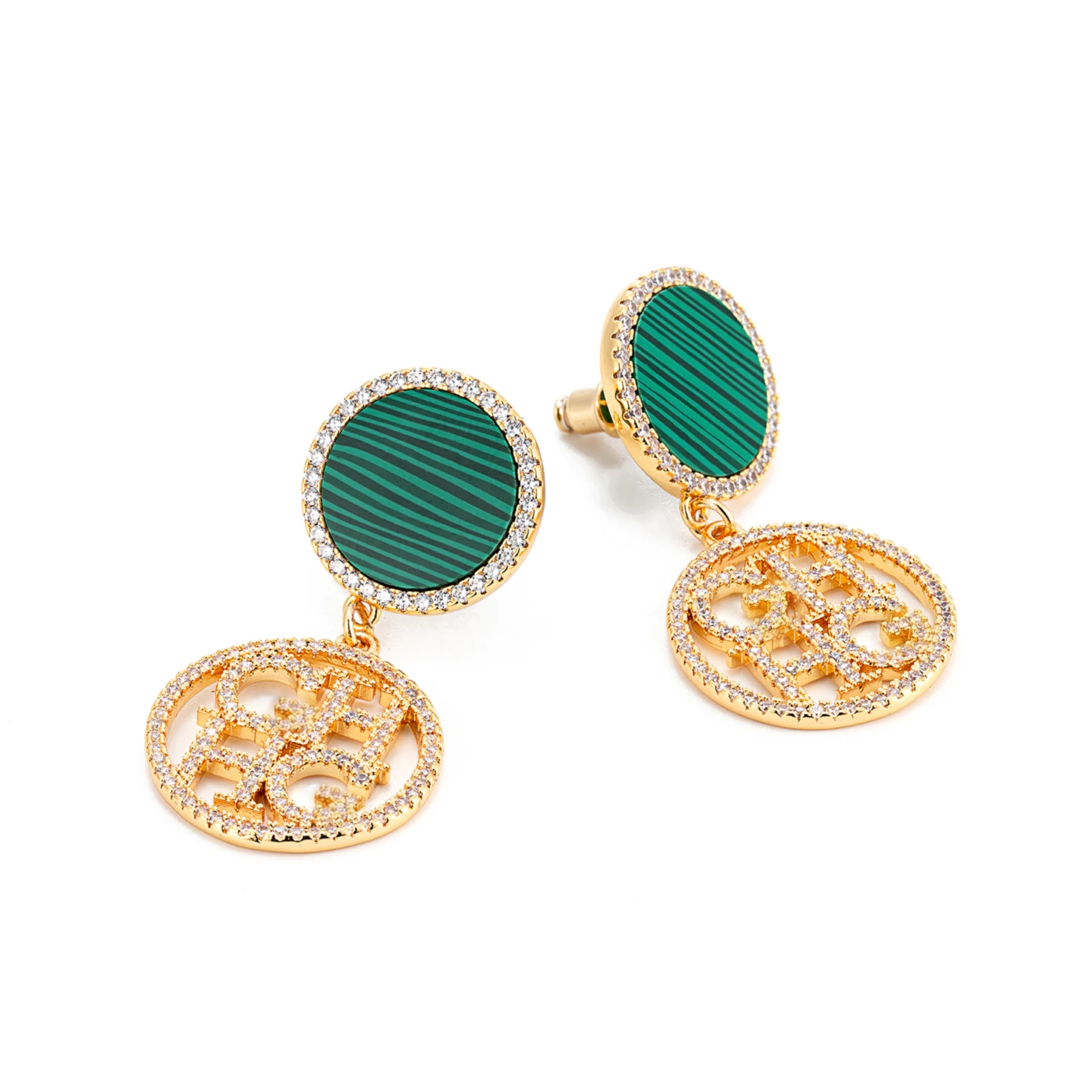 Women Brass Drop Earrings Double Layer With Zircon Resin Shell And Letter Cutout Pendant Light Luxury Jewelry Gift