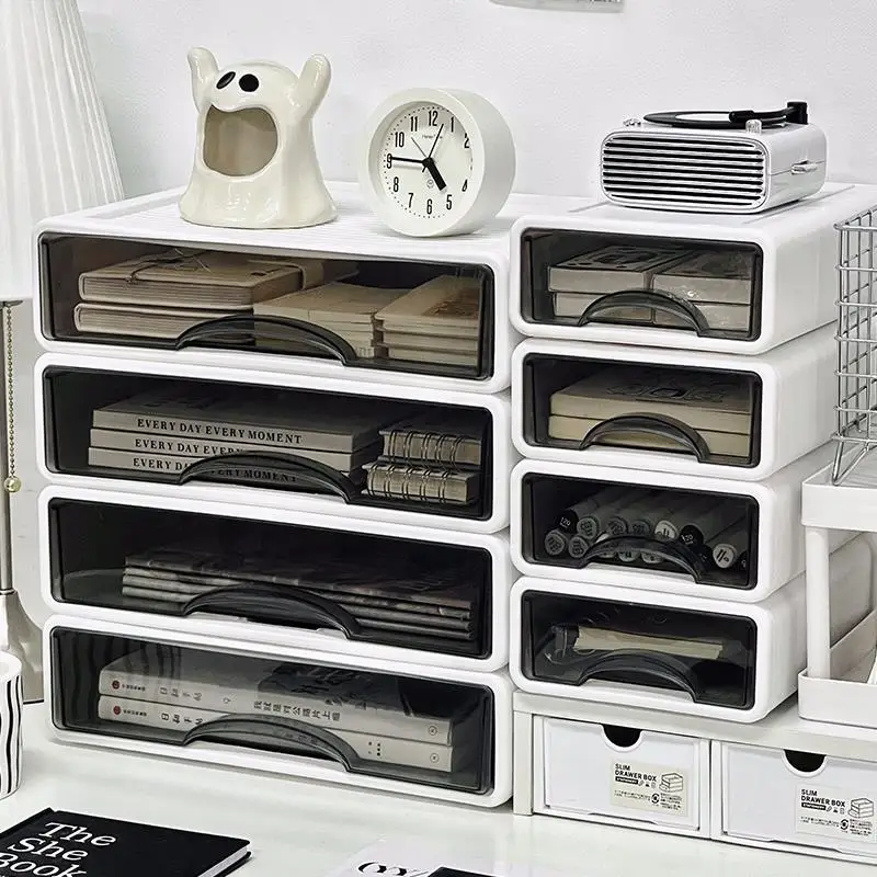 Desktop Organizer Drawer Style Storage Box Office Dustproof Document Stationery Rack Transparent High-End Feeling Plastic Box