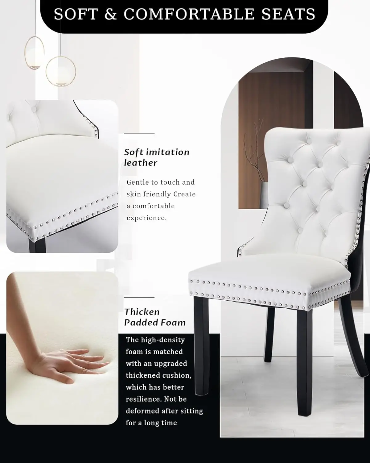 Set di 6 sedie da pranzo in pelle, imbottite trapuntate con finiture in chiodo e gambe in legno massello, bianco e nero