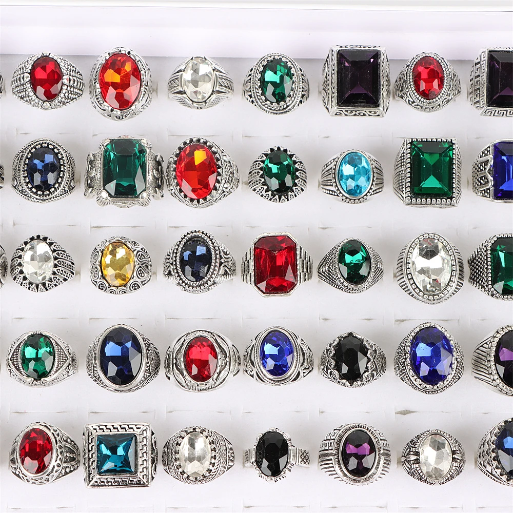 Wholesale 20Pcs/Lot Vintage Glass Turquoise Carved Flowers Rings Mix Style Antique Silver Color Jewelry For Men Women Party