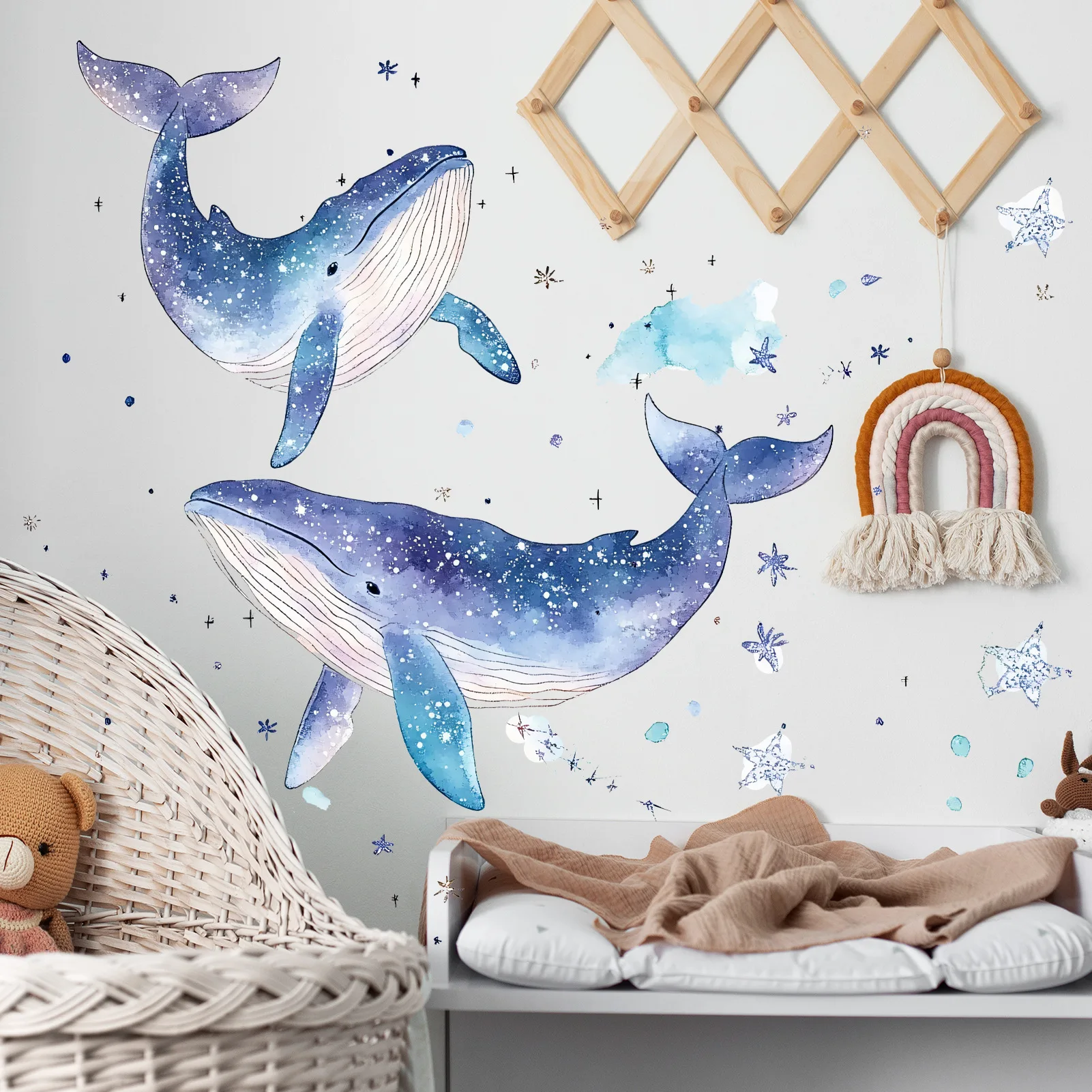 Cartoon Sea Life Wall Stickers Whale Star Fish Self Adhesive Removable Decals for Kids Room Bedroom Kindergarten Wall Art