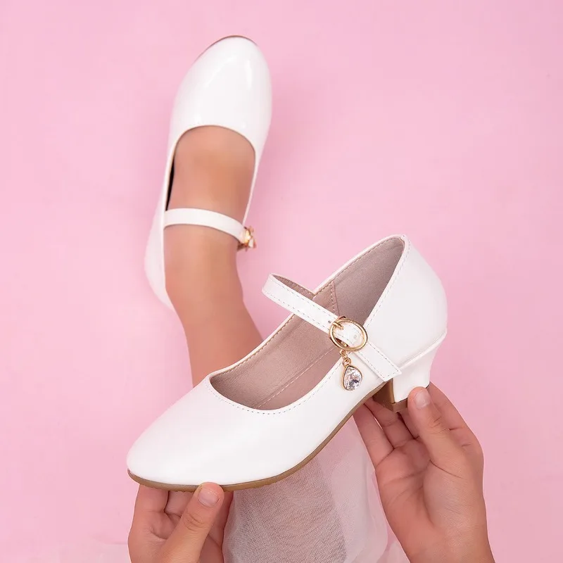 Girls Leather Shoes Spring Autumn Non-slip Kids Wedding Party Shoes Catwalk Fashion Elegant Children Princess Causal High Heels
