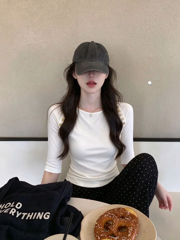 White Boat Neck mid Sleeve T-Shirt Women's Early Autumn Light Maturity Unique Style Single Wear Korean Style Elegant Top