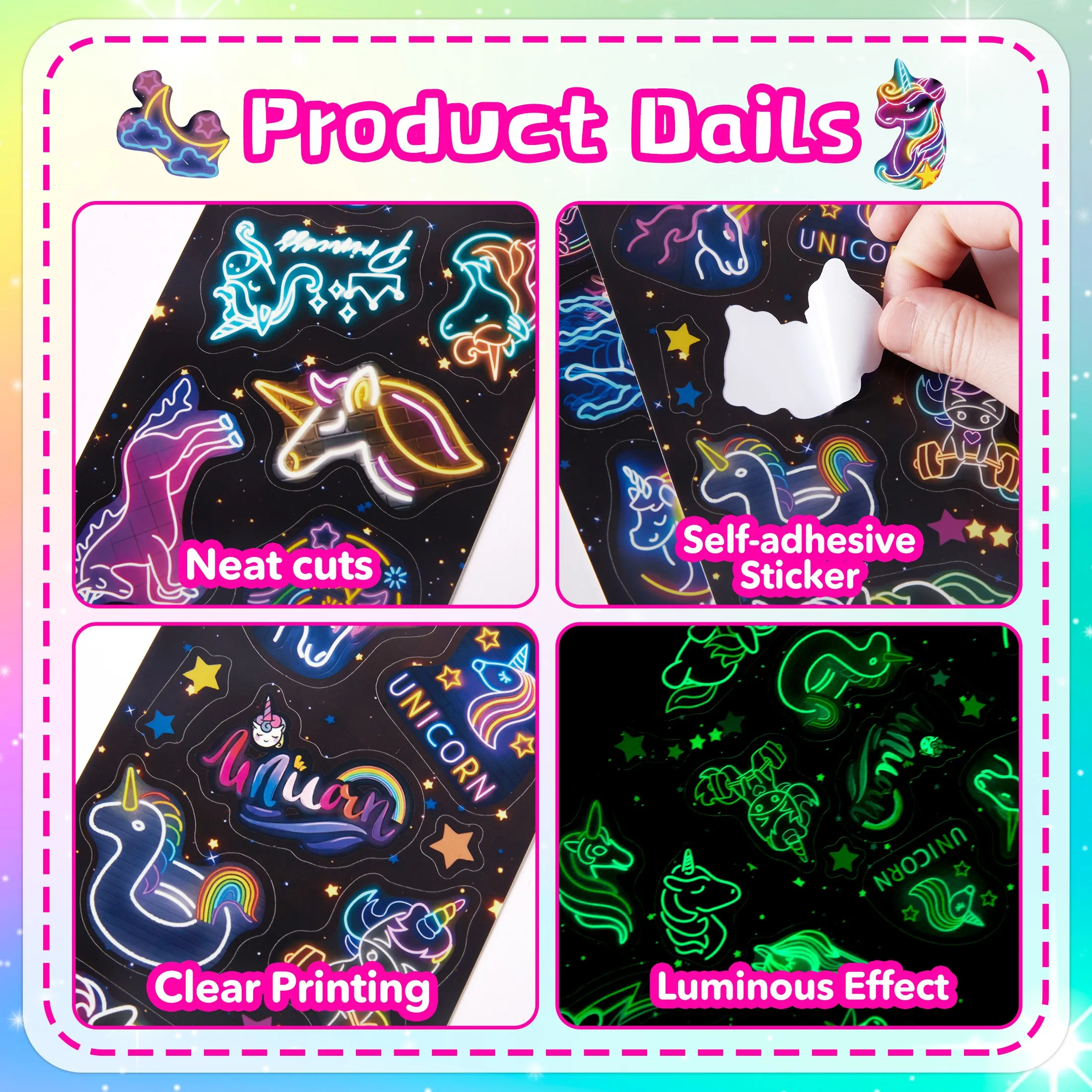 54pcs Glow in the Dark Stickers Neon Unicorn Pattern Luminous Stickers Laptop Water Bottle Waterproof Sticker Party Decoration