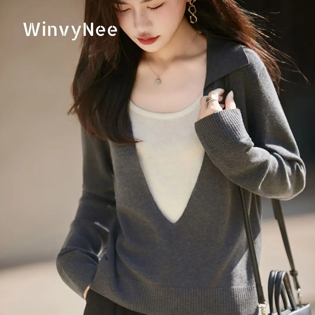 WinvyNee Women's Stylish Design Lapel Fake Two Piece Pullover Combed Fine Wool Cool Spring Soft Knitted Casual Top ZA1677005