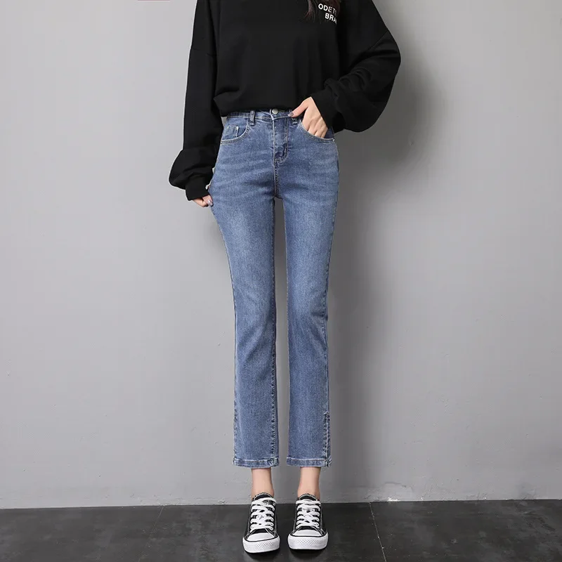 2021 autumn new jeans women's high waist slim straight cropped trousers