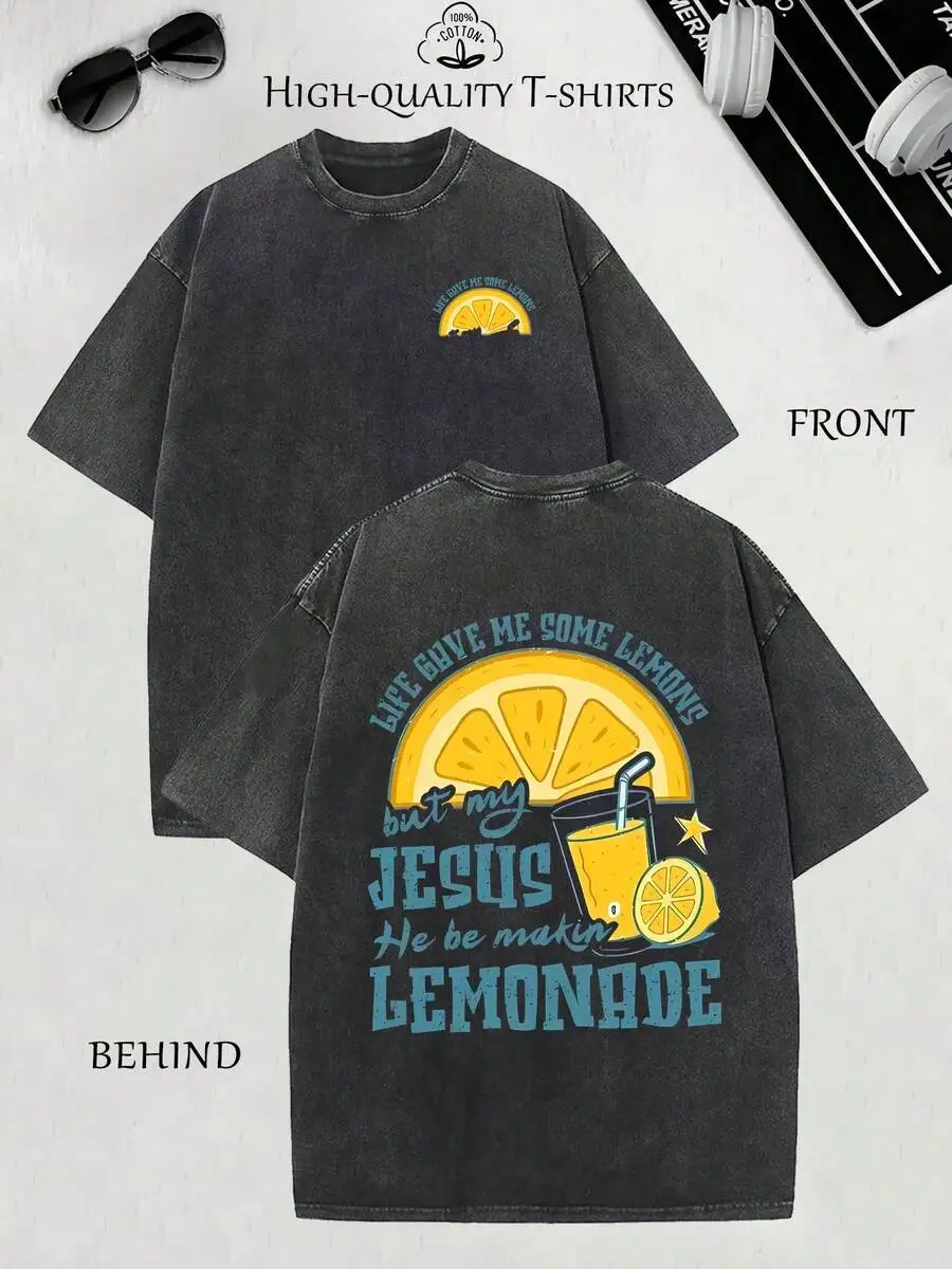 

Mens Oversized Distressed Cotton Tee With Front And Back Lemonade & Jesus Graphic Print, Vintage Summer Casual Style