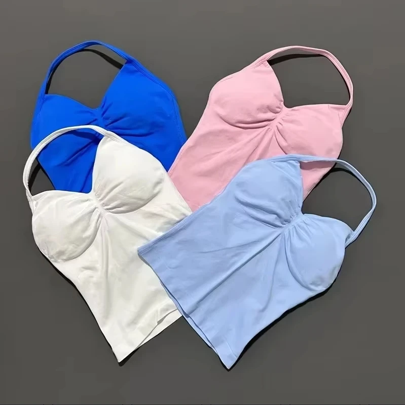 

2025 New Lace-Up Fitness Top Halter Custom Logo Fitness Wear Women's Scratch Built-in Bra Strap Removable Cup Yoga Vest