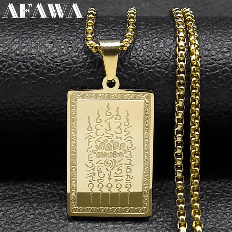 Scripture Thailand Buddhist Plaques Lotus Pendant Necklaces for Men Women Stainless Steel Religious Wish Talisman Chain Jewelry