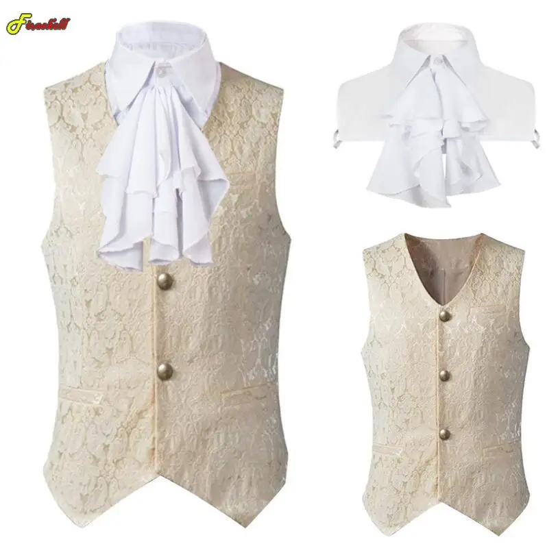 Mne's Steampunk Suit Vest Gothic Costumes Victorian Single Breast Brocade Medieval Halloween Cosplay WaistCoat with Jabot Tie