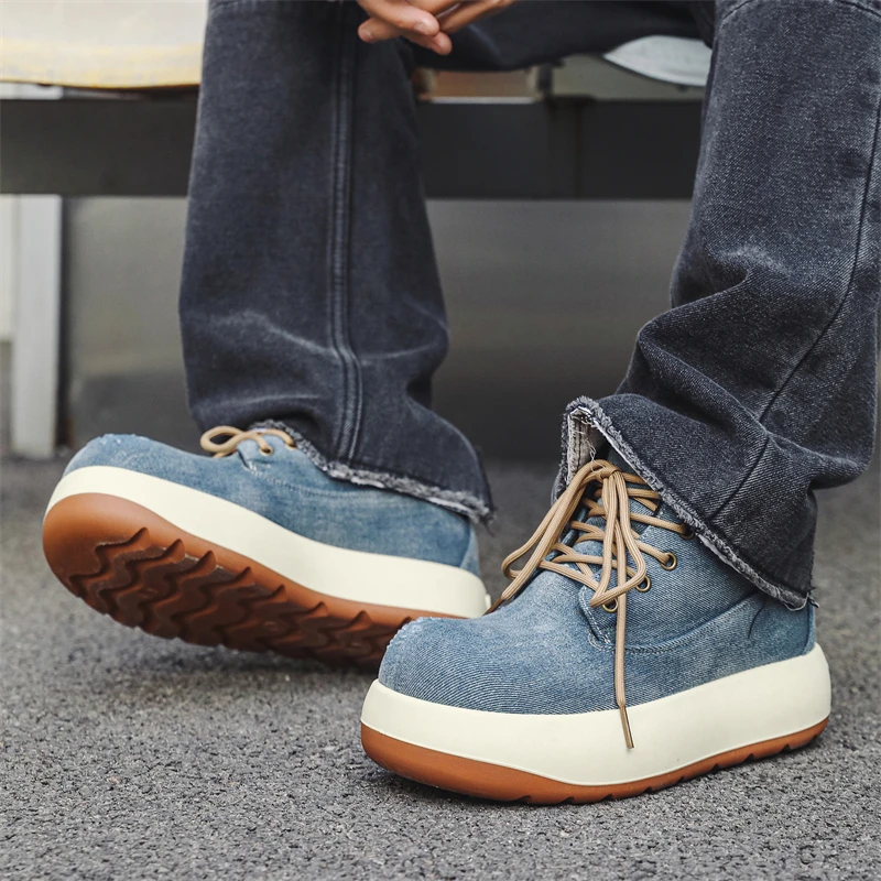 

2025 г., новая мужская повседневная обувь высокого качества Total Seasons, джинсовые ботинки с высоким берцем, прогулочная обувь, кроссовки, увеличивающие рост, толстая подошва