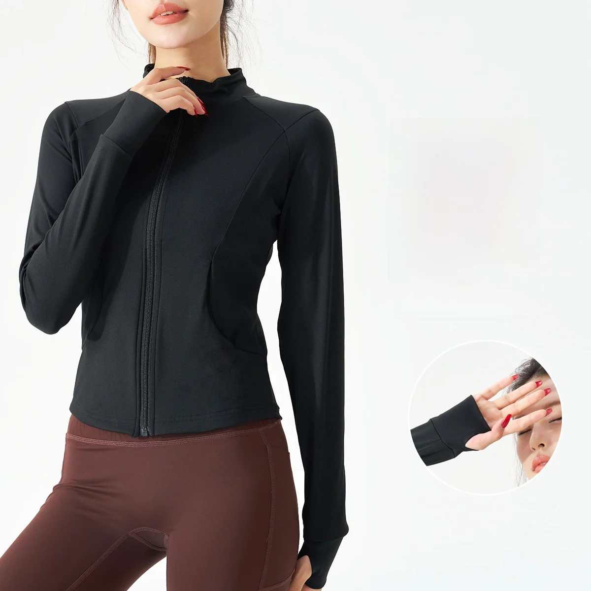 سترة رياضية نسائية بأكمام طويلة، سحاب ضيق، كاجوال بقصة ضيقة، ملابس لليوجا واللياقة البدنية للجري والتدريب في الخريف #5